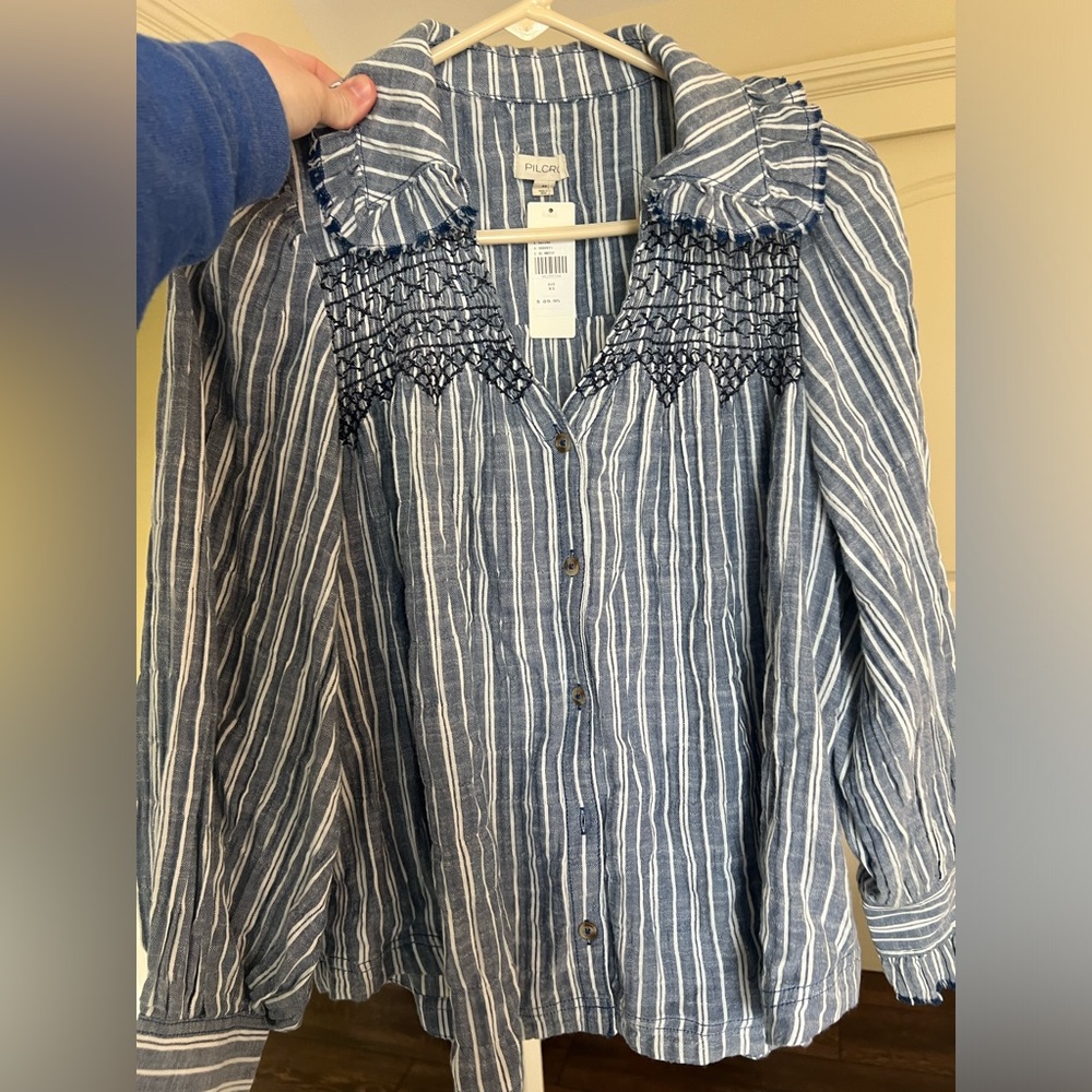 Anthropologie Pilcro Blue Striped Blouse with Crochet Detail